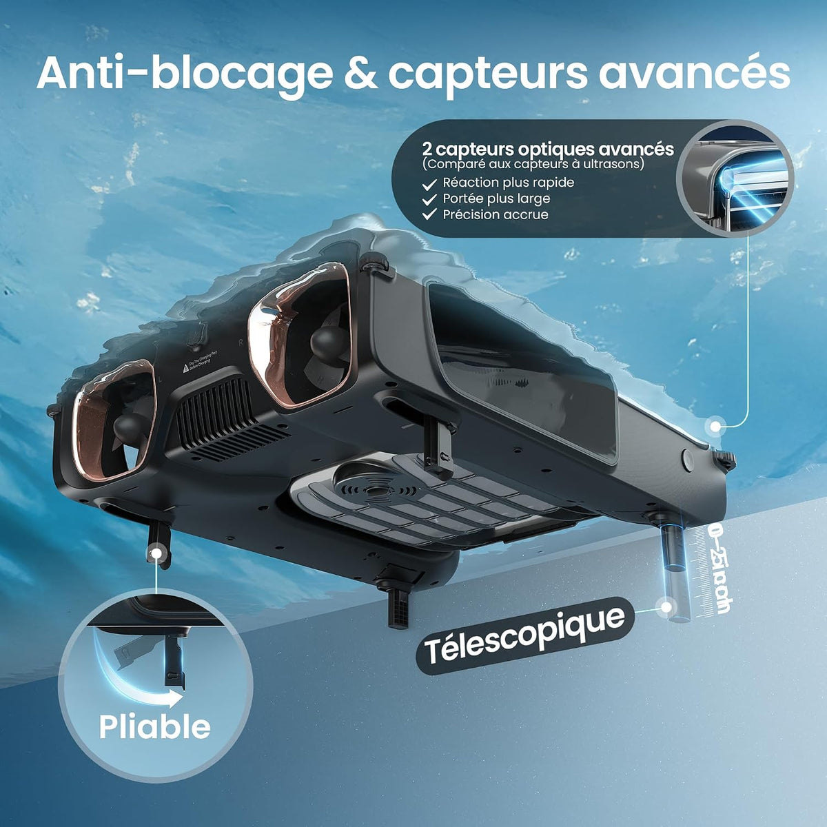 Aiper EcoSurfer S2 : capteurs d'obstacles et dessous du robot