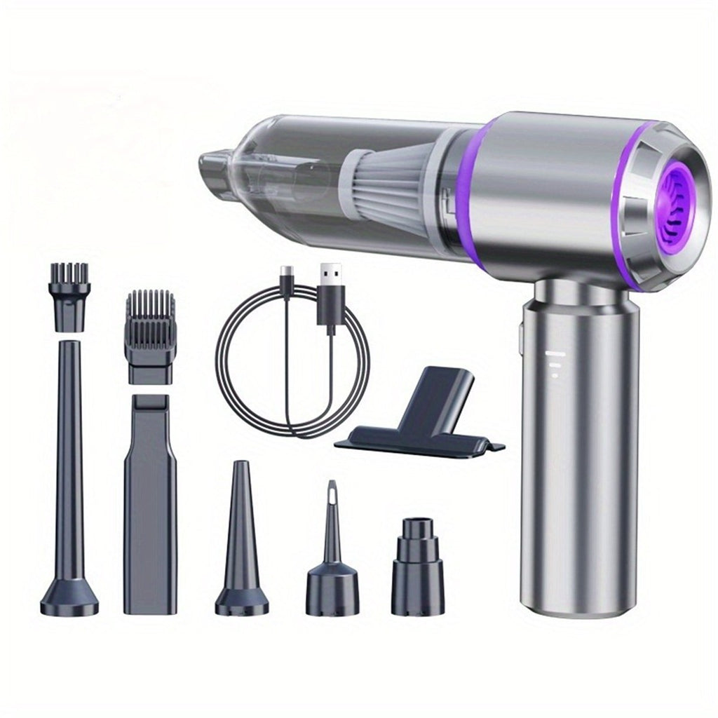 Aspirateur à main sans fil gris et violet avec ses embouts et son câble de charge