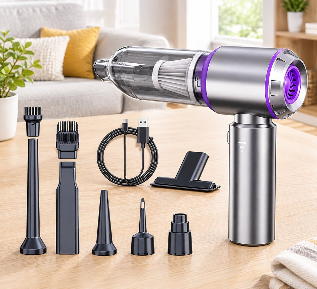 Aspirateur à main sans fil gris et violet présenté avec ses embouts et son câble de charge