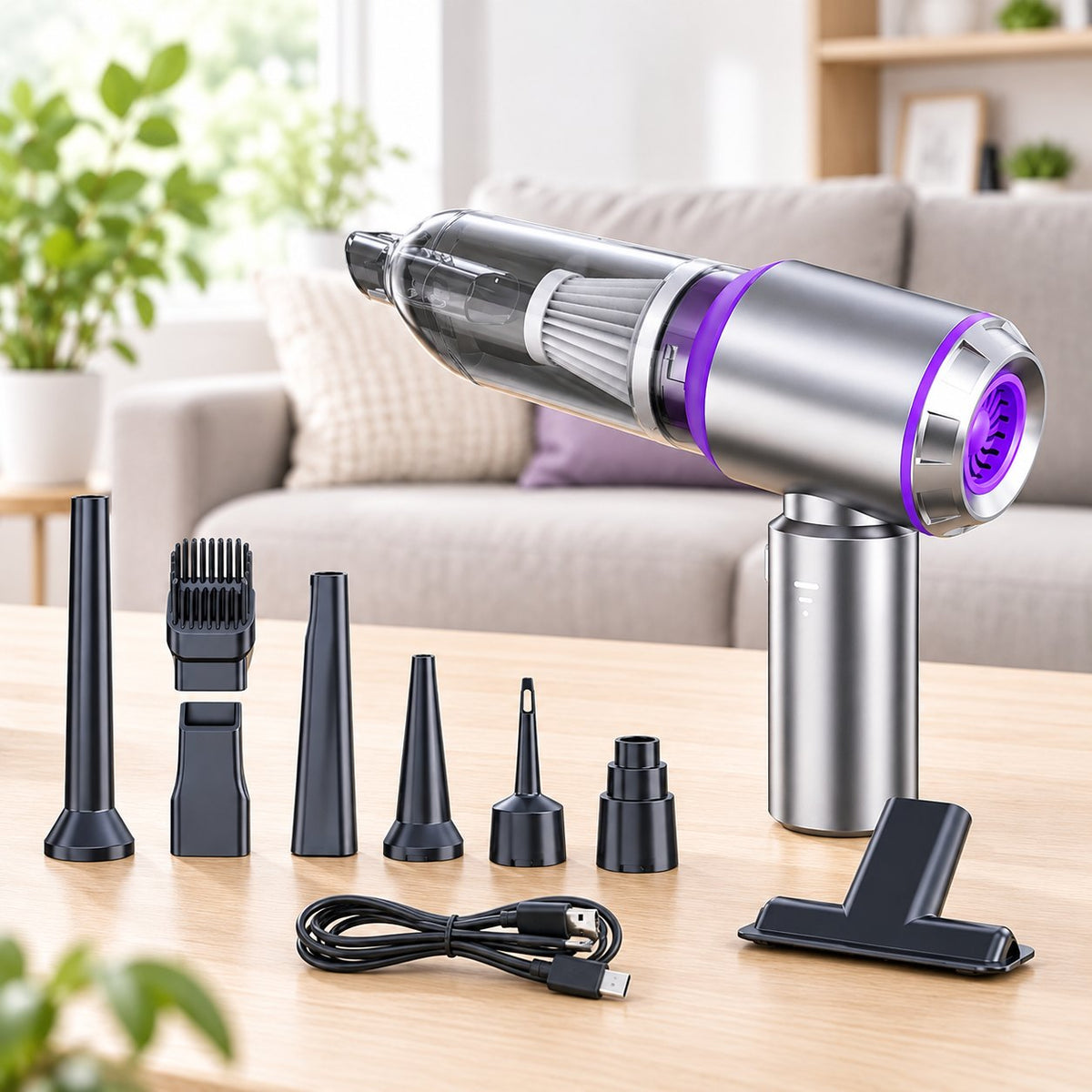 Aspirateur à main sans fil posé sur un canapé en tissu clair avec ses embouts