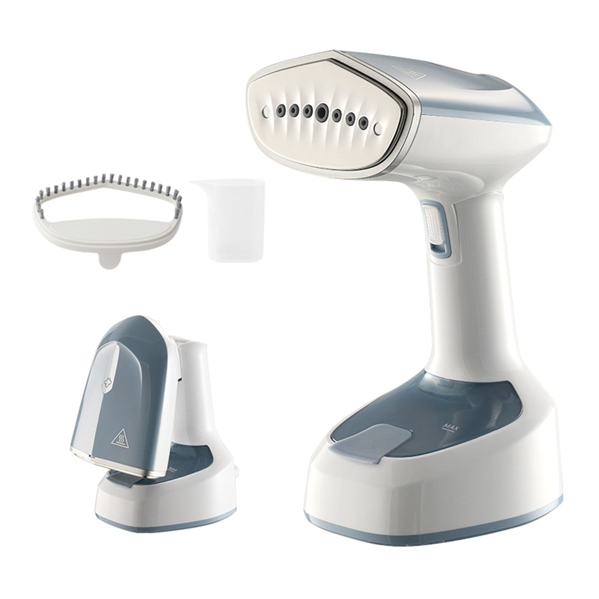Défroisseur vapeur portable blanc avec sa brosse, son gobelet et son socle