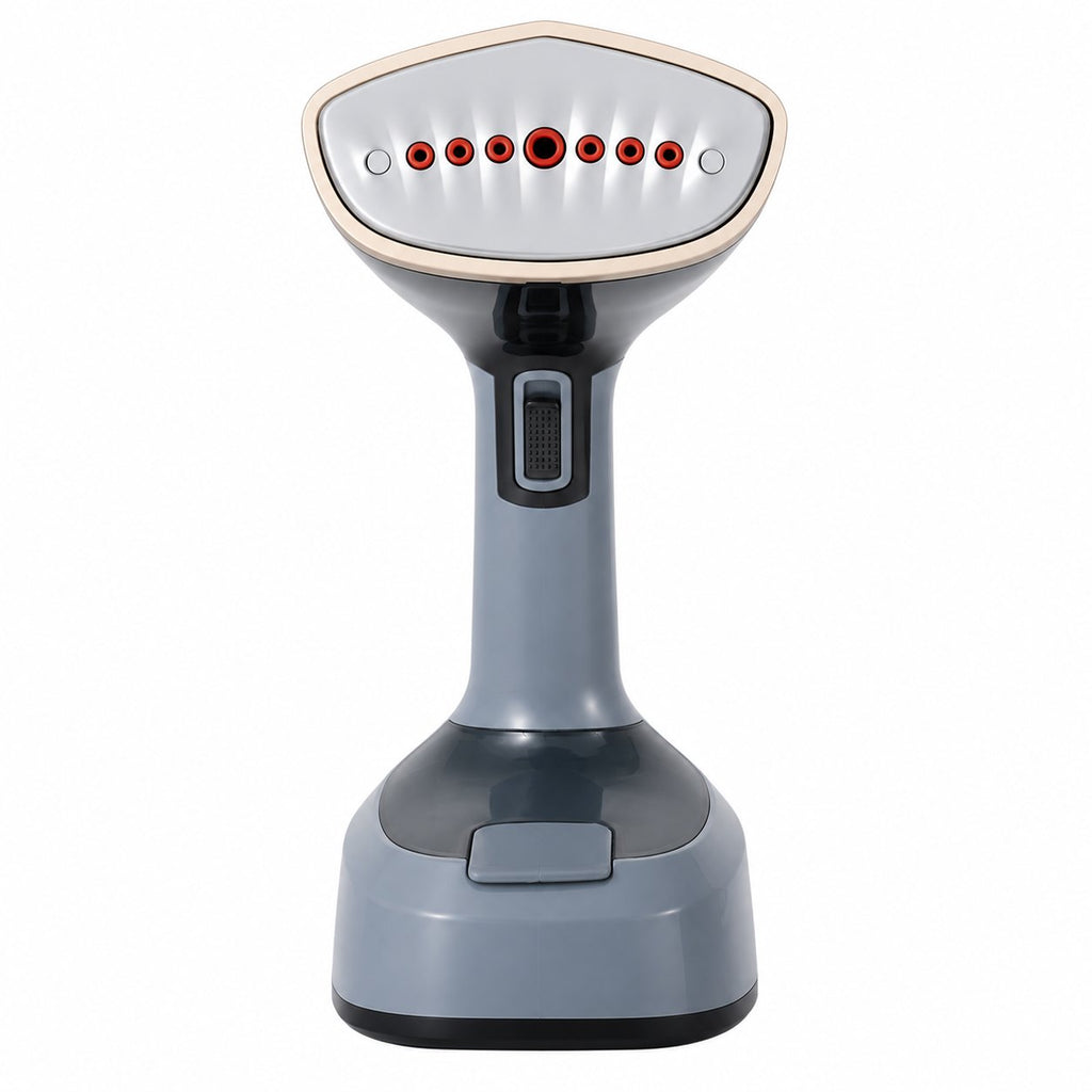 Défroisseur vapeur portable gris posé sur son socle, sur fond blanc