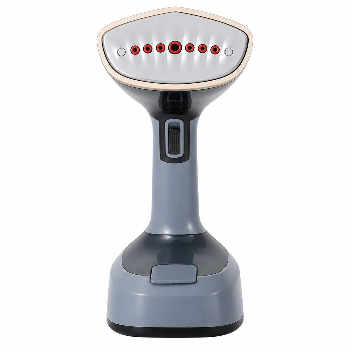 Défroisseur vapeur portable gris posé sur son socle, sur fond blanc