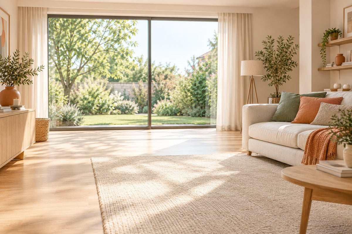 Salon lumineux avec baie vitrée, canapé clair et parquet en bois, entretenu et baigné de soleil