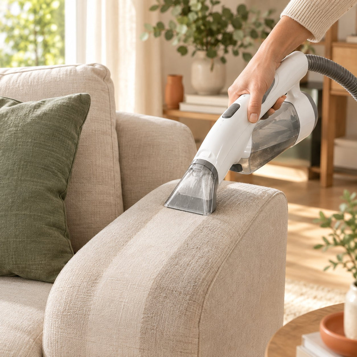 Nettoyage de l'accoudoir d'un canapé en tissu clair avec une shampouineuse portable