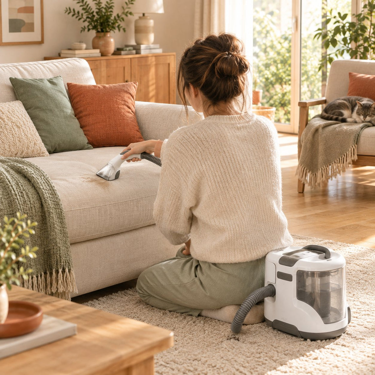 Femme nettoyant un canapé en tissu avec une shampouineuse portable, assise sur un tapis dans son salon