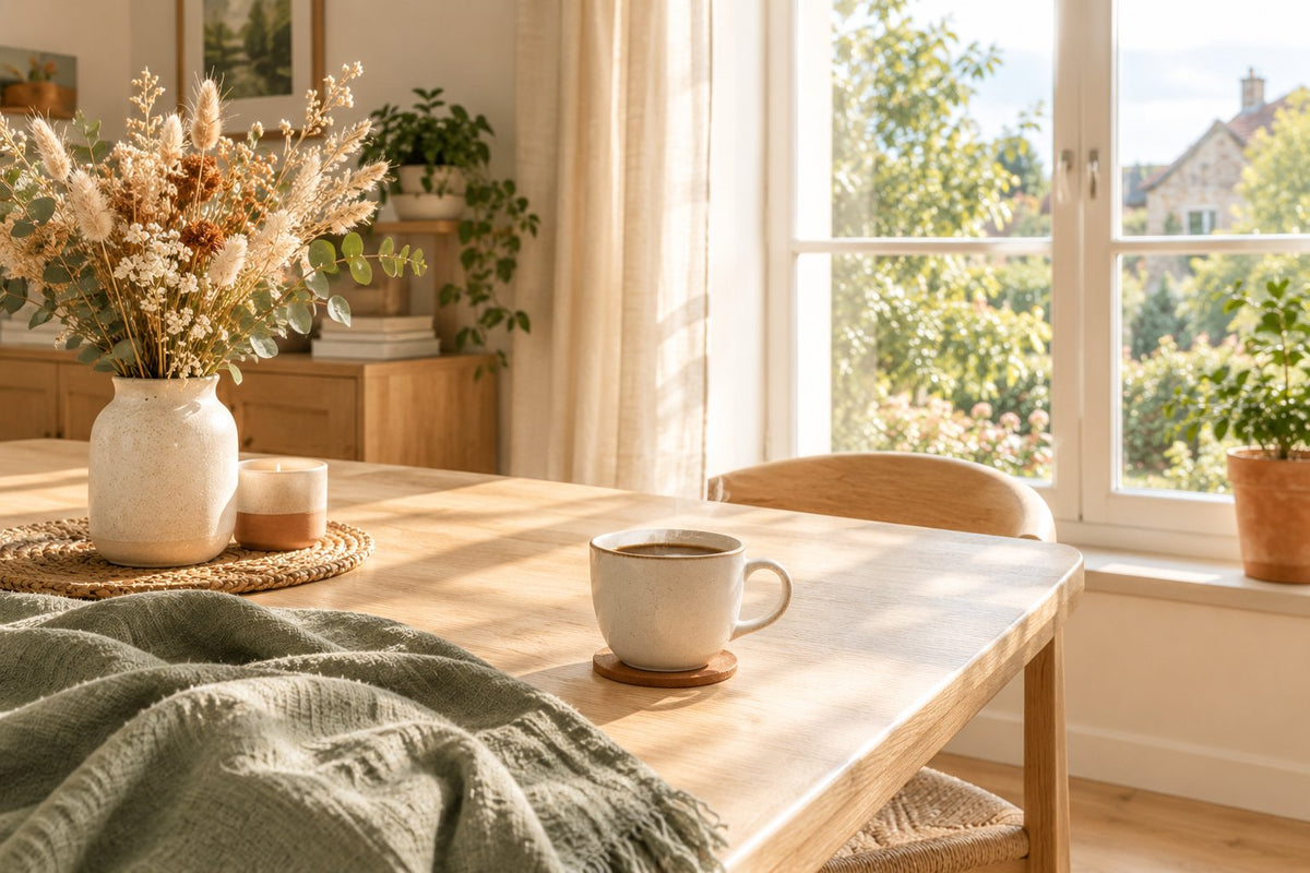Salle à manger claire et rangée, avec une tasse de café et un bouquet sur une table en bois