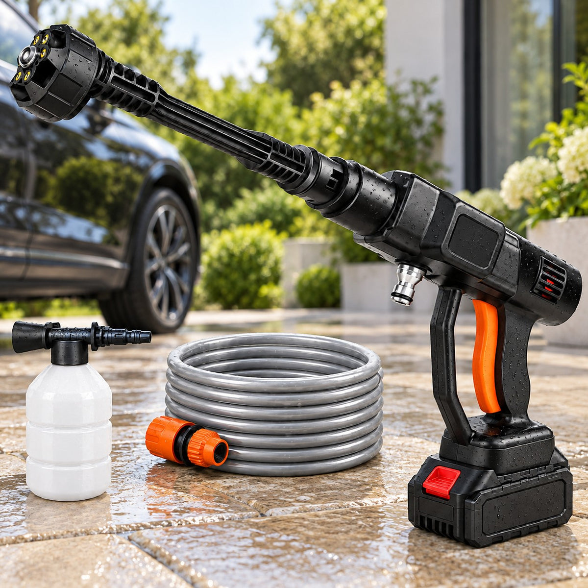 Nettoyeur haute pression sans fil avec buse 6 en 1, flexible et bidon à mousse, posé sur une terrasse en pierre près d'une voiture
