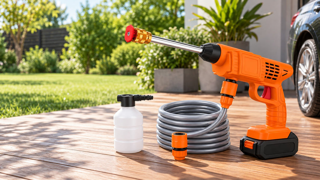 Nettoyeur haute pression sans fil 21 V orange avec batterie, flexible et bidon à mousse sur une terrasse en bois