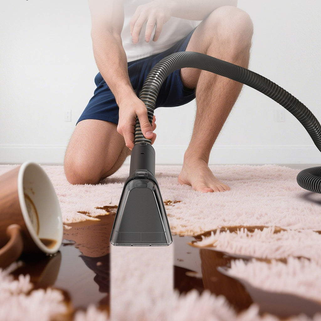 Nettoyage d'une tache de café sur un tapis rose avec le nettoyeur de tapis
