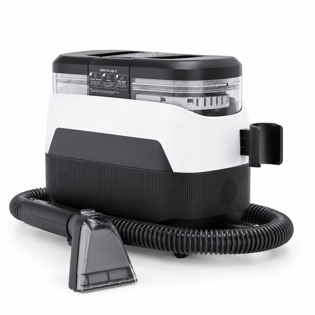 Nettoyeur de tapis Teendow C6 MAX blanc et noir avec son tuyau, sur fond blanc