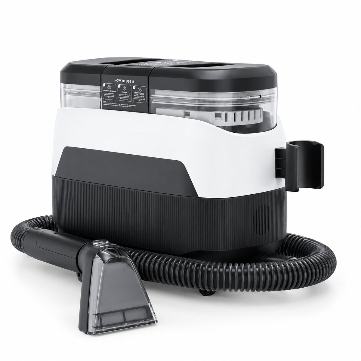 Nettoyeur de tapis Teendow C6 MAX blanc et noir avec son tuyau, sur fond blanc