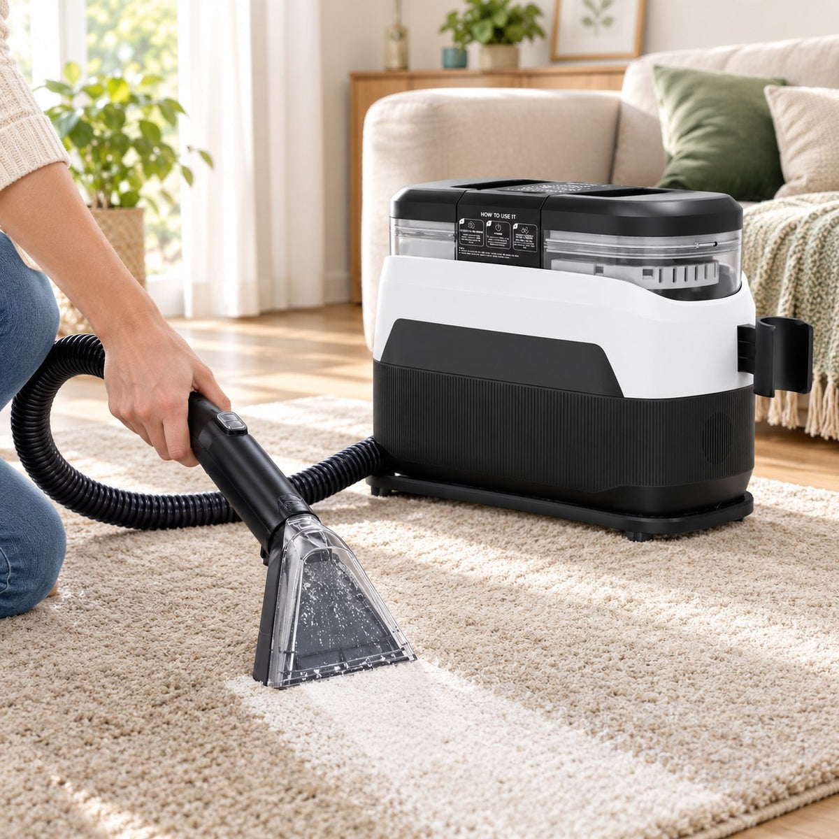 Nettoyeur de tapis Teendow C6 MAX utilisé sur une moquette beige dans un salon lumineux