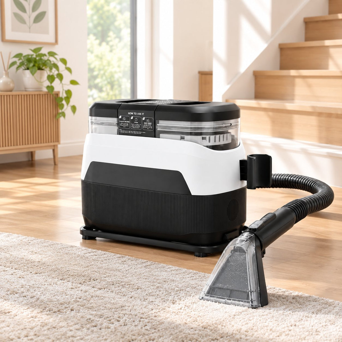 Nettoyeur de tapis Teendow C6 MAX posé au sol près d'un escalier en bois