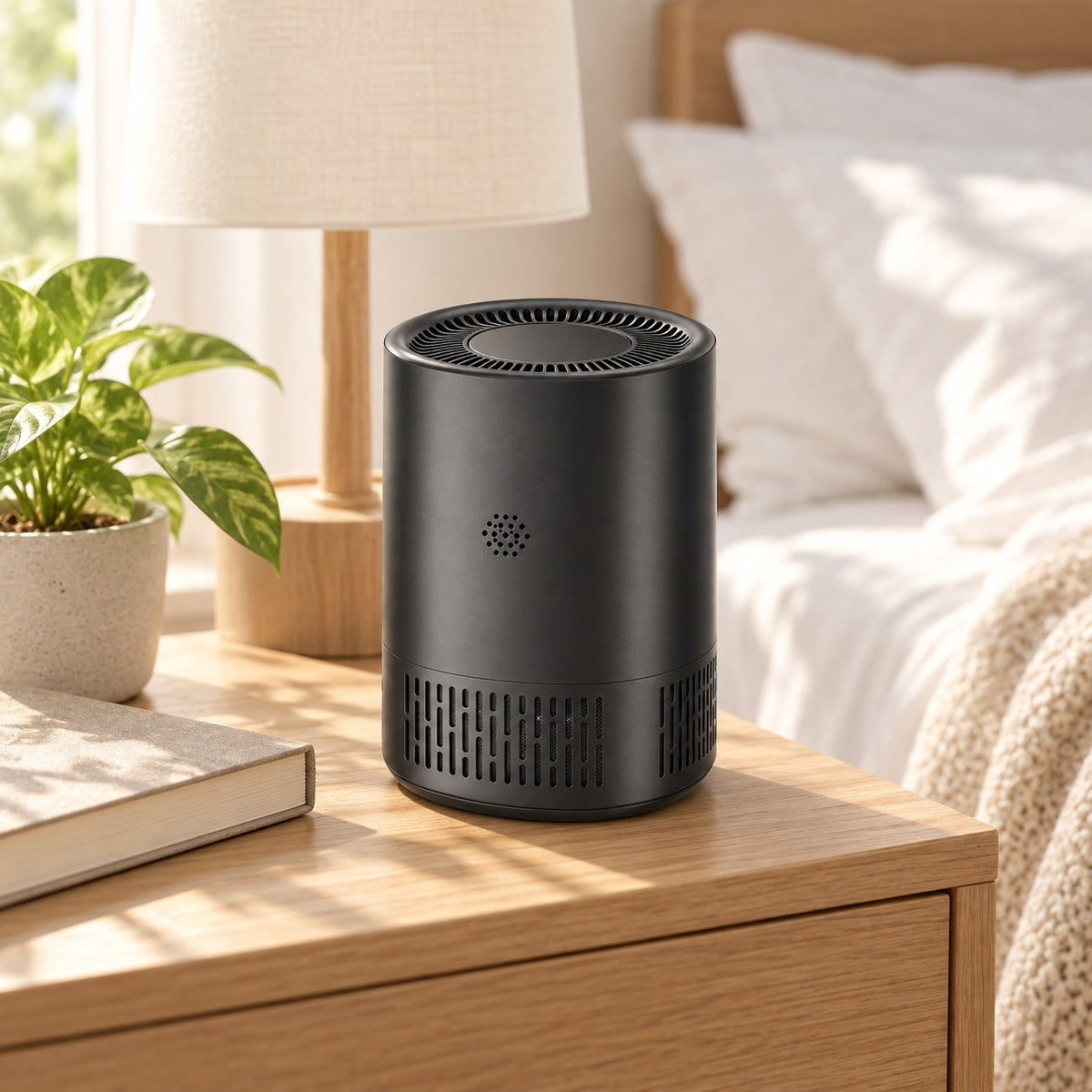 Purificateur d'air HEPA H13 compact noir posé sur une table de chevet dans une chambre