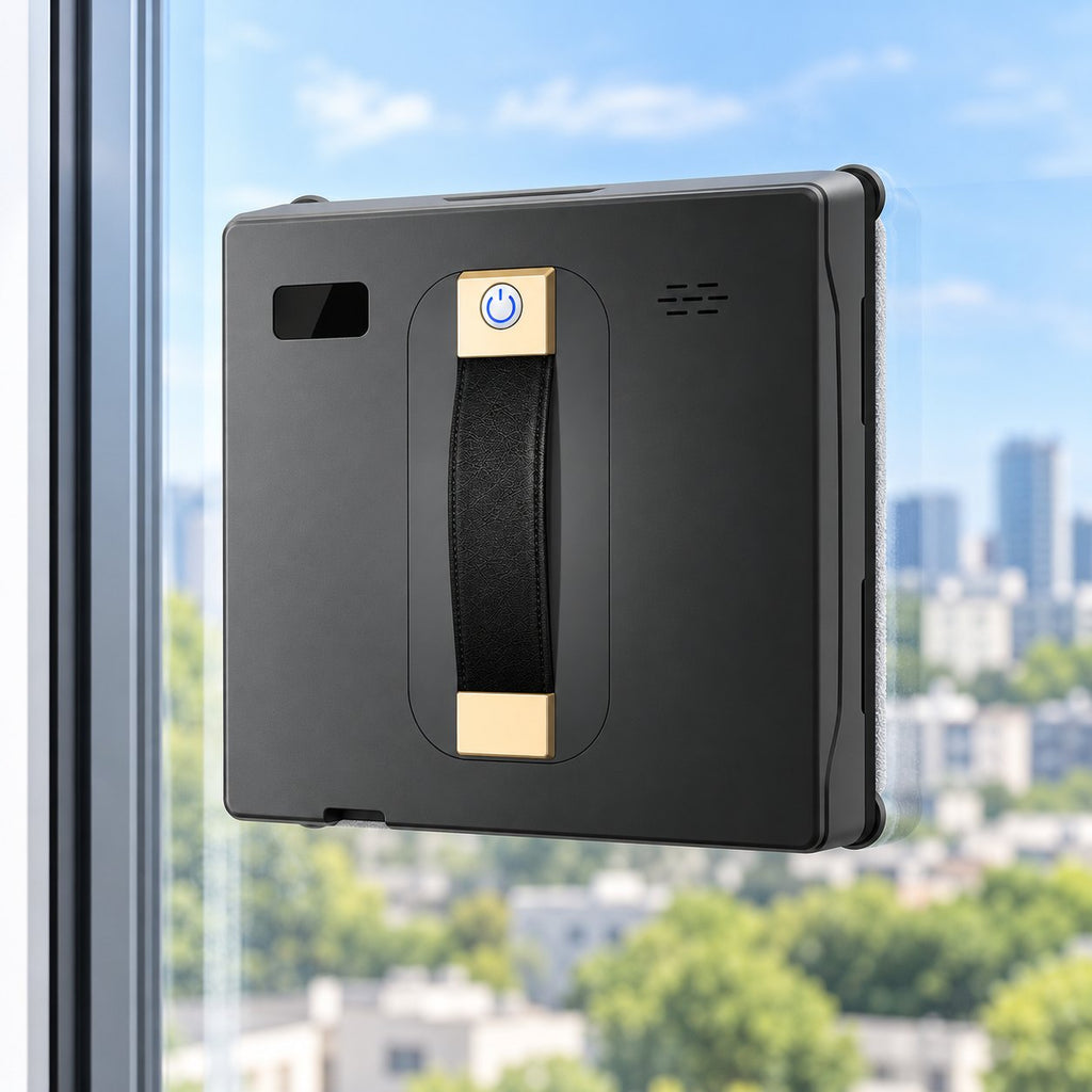 Robot lave-vitre carré noir fixé sur une fenêtre avec vue sur la ville