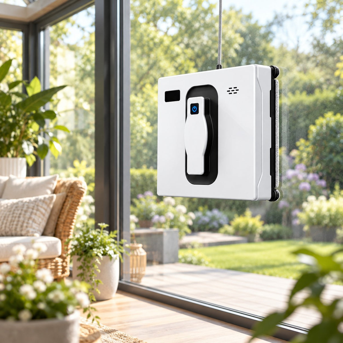 Robot lave-vitre carré blanc nettoyant la vitre d'une véranda