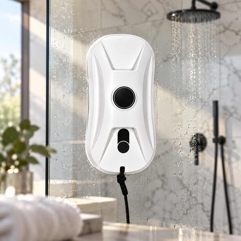 Robot lave-vitre ovale blanc à double pulvérisation sur une paroi de douche