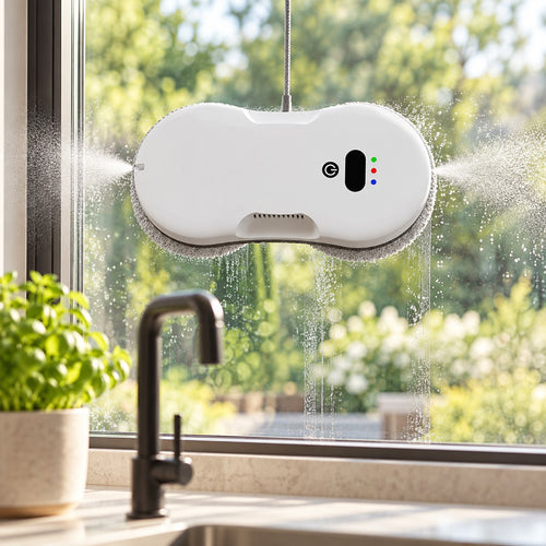 Robot lave-vitre sans balais blanc pulvérisant de l'eau sur la fenêtre d'une cuisine